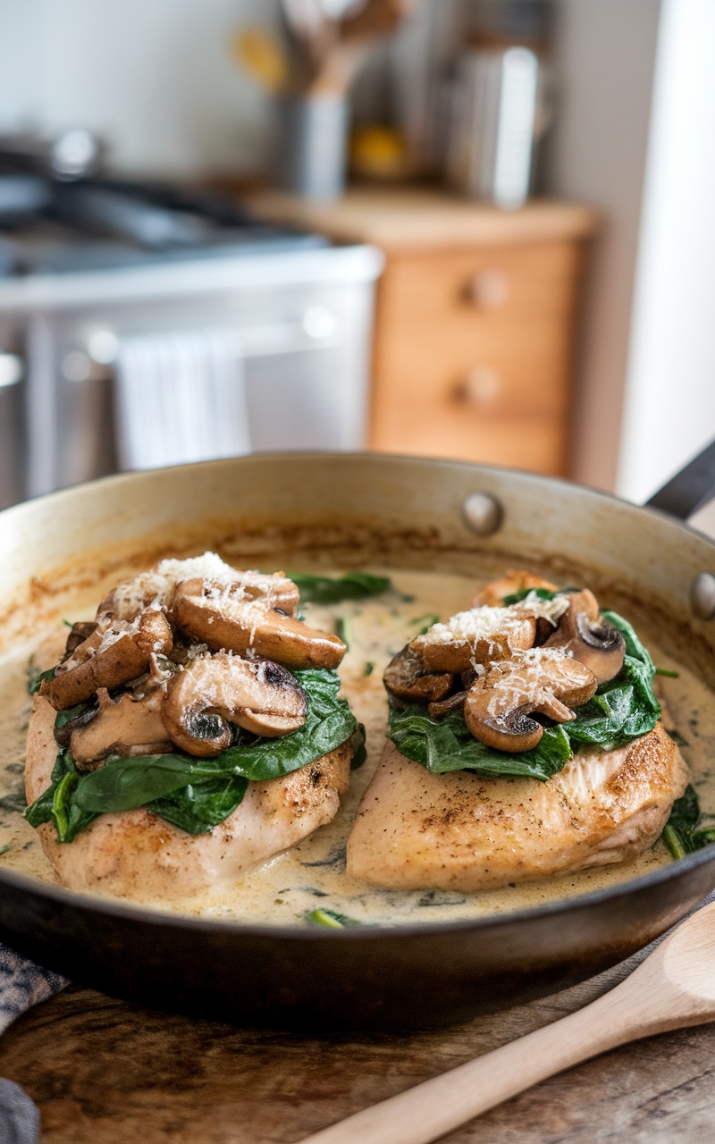 Creamy chicken, spinach, and mushroom skillet in a rustic pan, garnished with Parmesan cheese.